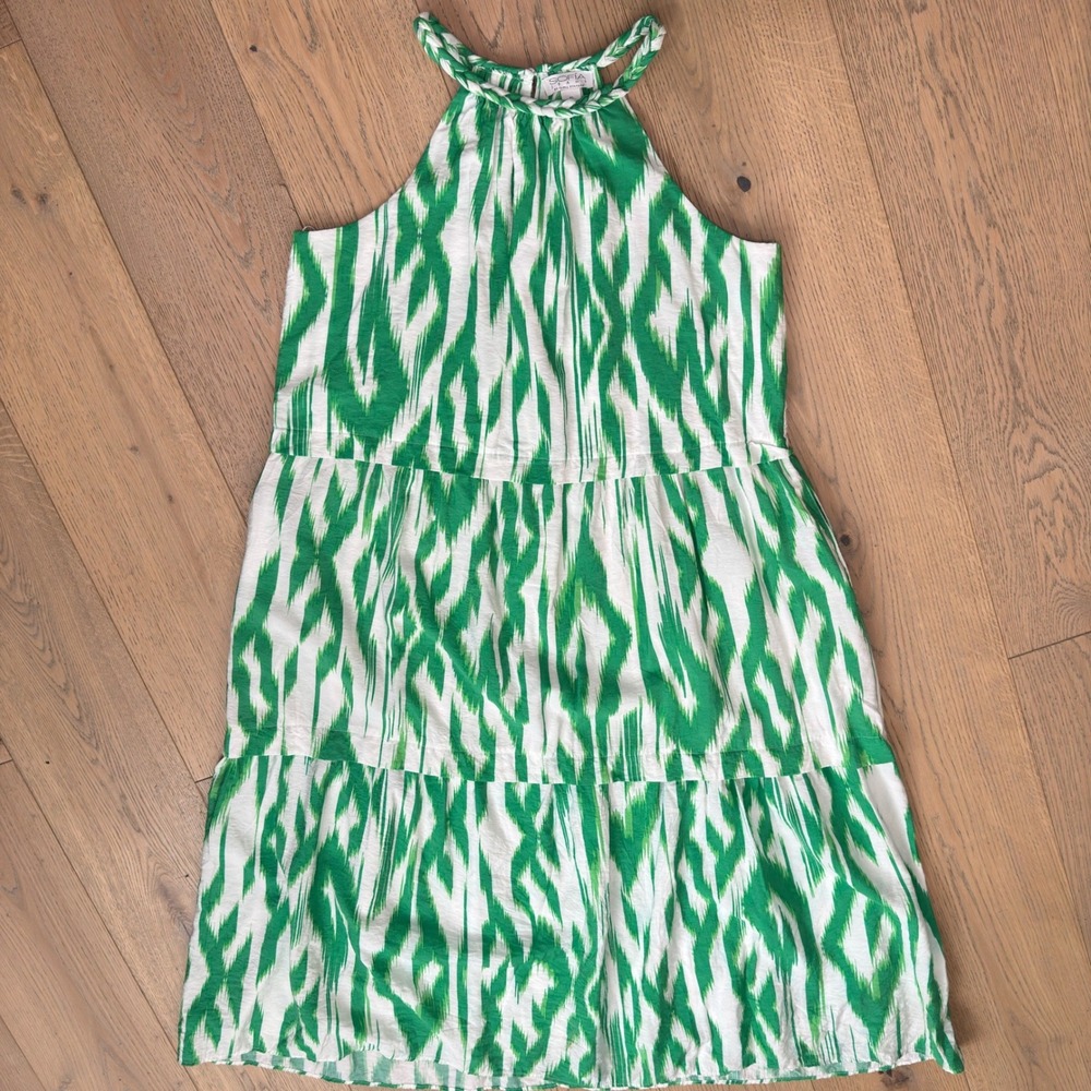 Sofia Jeans Maxi Dress Women XL Green‎ White Braided Halter Tiered Ikat Print